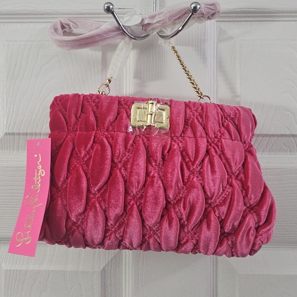 NWT Lilly Pulitzer GWP Quilted Velvet Clutch Pink Grenadine